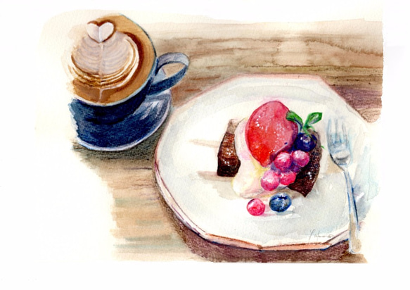 ポストカード3枚セット　No.9 ガトーショコラ木苺のシャーベット添え&カフェオレ 1枚目の画像