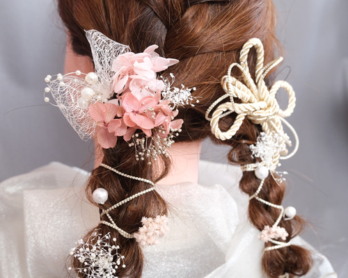 ヘッドドレス～モダンピンクとホワイトstyle～髪飾り ドライフラワー ヘッドドレス～モダンピンクとホワイトstyle～髪飾り ドライフラワー