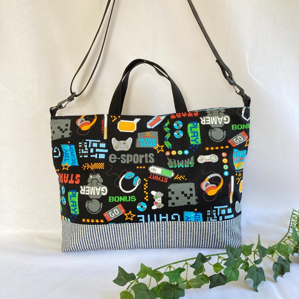 ハンドメイド　グレー×ストライプ　大きめサイズ レッスンバックno.105