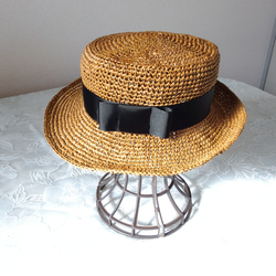 りぼんの麦わら帽子　　カフェブラウン　サイズオーダーあり 1枚目の画像