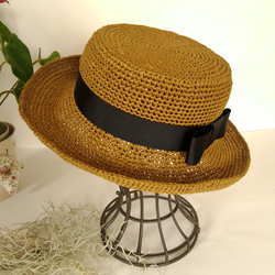 　リボンの麦わら帽子　カンカン帽  Lサイズ　カフェブラウン⑤ 2枚目の画像