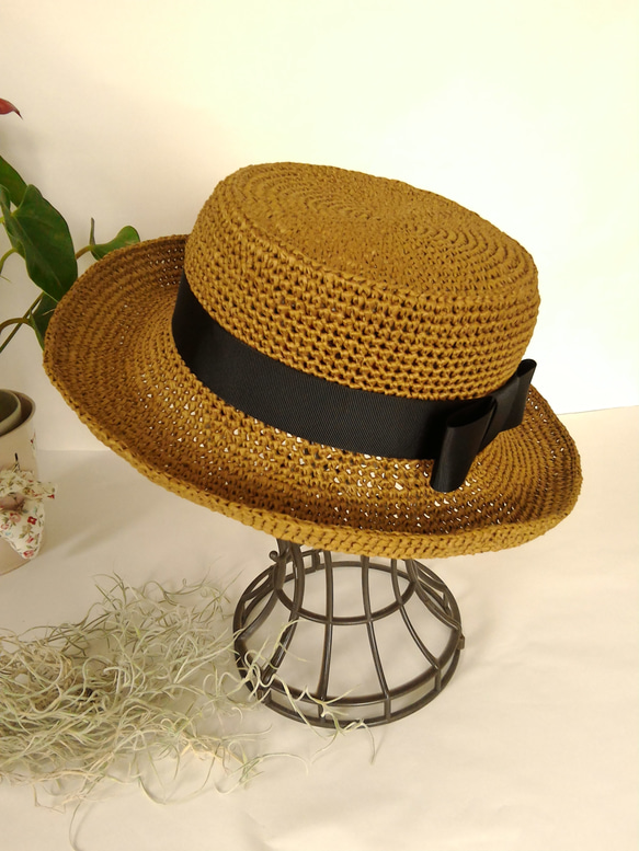 　リボンの麦わら帽子　カンカン帽  Lサイズ　カフェブラウン⑤ 2枚目の画像