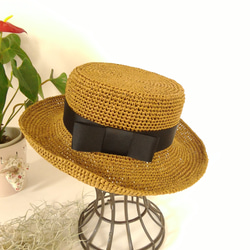 　リボンの麦わら帽子　カンカン帽  Lサイズ　カフェブラウン⑤ 3枚目の画像