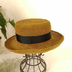 　リボンの麦わら帽子　カンカン帽  Lサイズ　カフェブラウン⑤ 4枚目の画像