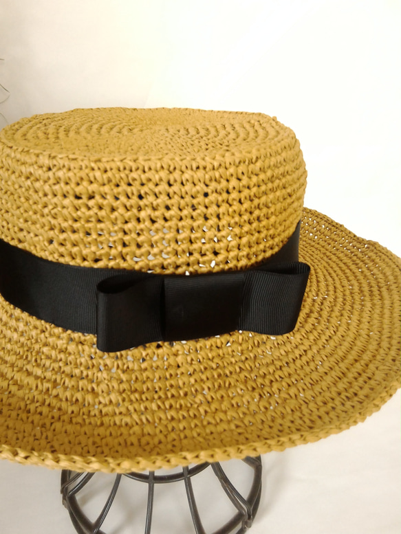 　リボンの麦わら帽子　カンカン帽　  Lサイズ　⑤ライトブラウン 3枚目の画像