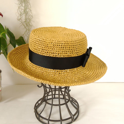 　リボンの麦わら帽子　カンカン帽　  L　ライトブラウン　サイズオーダーあり 3枚目の画像