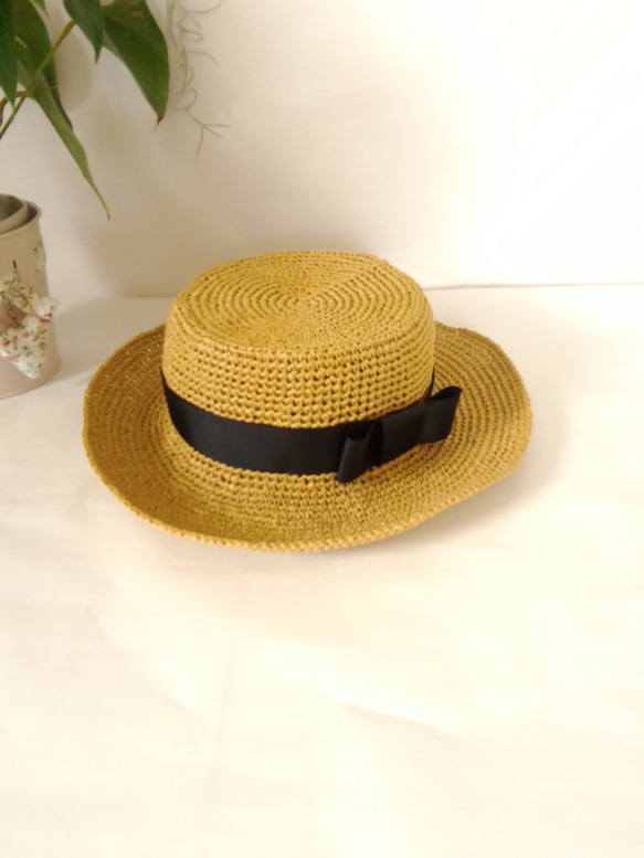 　リボンの麦わら帽子　カンカン帽　  L　ライトブラウン　サイズオーダーあり 5枚目の画像