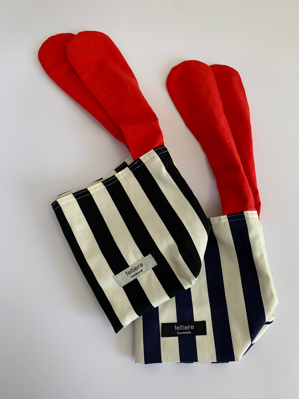 リボン　お弁当袋　ハンドメイド　白と紺色のストライプ   ×  赤のリボン　Ｌ 6枚目の画像