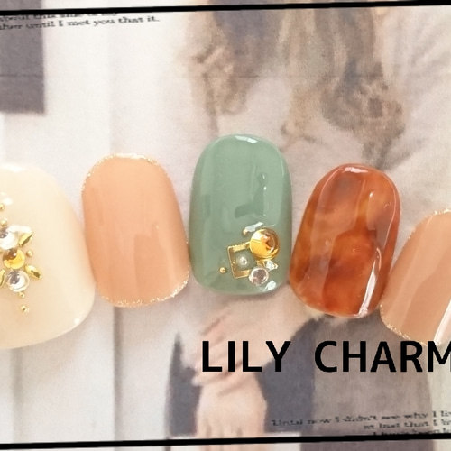 再販✨creema限定NO.31】秋カラーべっ甲ネイル/ベージュ/カーキ