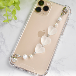 フロストハート×パールのキーリングハンガー　スマホケース　iPhoneケース　ストラップ　全機種　スマホチェーン 7枚目の画像