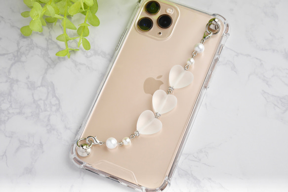 フロストハート×パールのキーリングハンガー　スマホケース　iPhoneケース　ストラップ　全機種　スマホチェーン 7枚目の画像