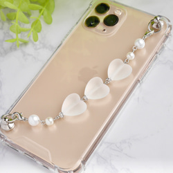 フロストハート×パールのキーリングハンガー　スマホケース　iPhoneケース　ストラップ　全機種　スマホチェーン 8枚目の画像