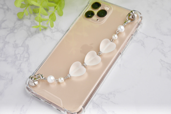 フロストハート×パールのキーリングハンガー　スマホケース　iPhoneケース　ストラップ　全機種　スマホチェーン 8枚目の画像