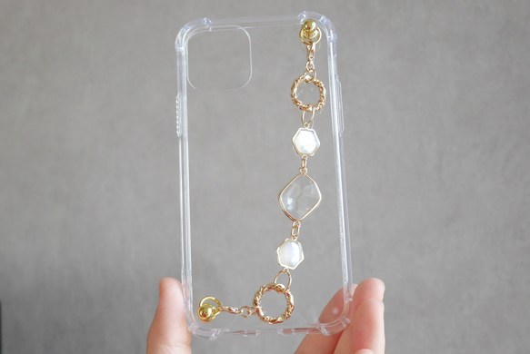 シェルとクリアガラスのキーリングハンガー　スマホケース　iPhoneケース　ストラップ　全機種　スマホチェーン 4枚目の画像