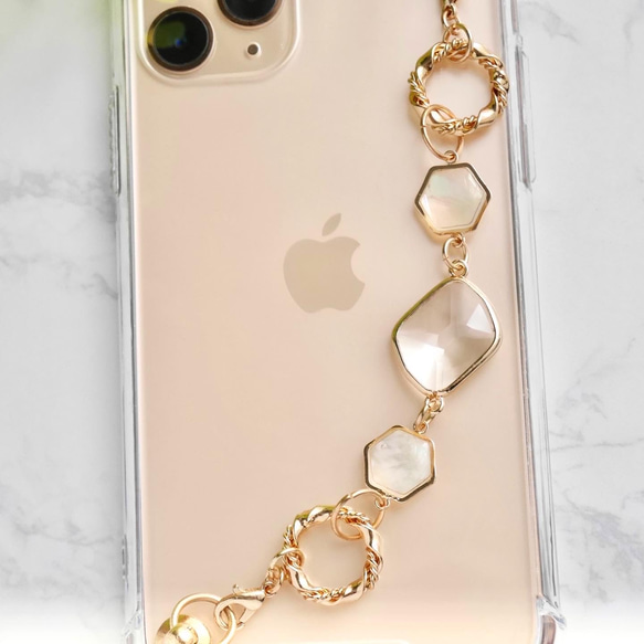 シェルとクリアガラスのキーリングハンガー　スマホケース　iPhoneケース　ストラップ　全機種　スマホチェーン 5枚目の画像