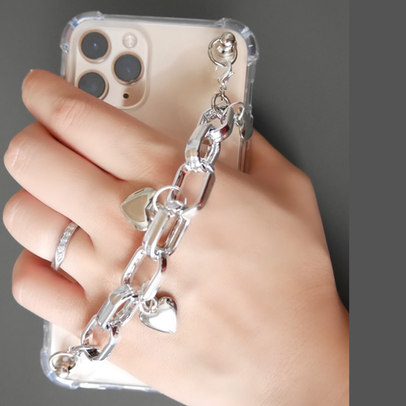 シルバーハートとプラチェーンのキーリングハンガー　スマホケース　iPhoneケース　ストラップ　全機種　スマホチェーン 3枚目の画像