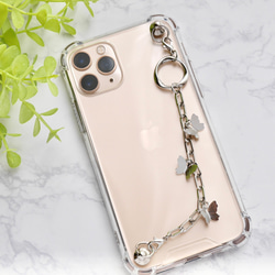シルバーバタフライのキーリングハンガー　スマホケース　iPhoneケース　ストラップ　全機種　スマホチェーン 4枚目の画像