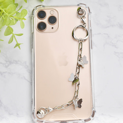 シルバーバタフライのキーリングハンガー　スマホケース　iPhoneケース　ストラップ　全機種　スマホチェーン 5枚目の画像