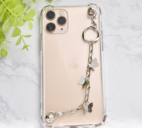 シルバーバタフライのキーリングハンガー　スマホケース　iPhoneケース　ストラップ　全機種　スマホチェーン 5枚目の画像