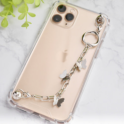 シルバーバタフライのキーリングハンガー　スマホケース　iPhoneケース　ストラップ　全機種　スマホチェーン 6枚目の画像