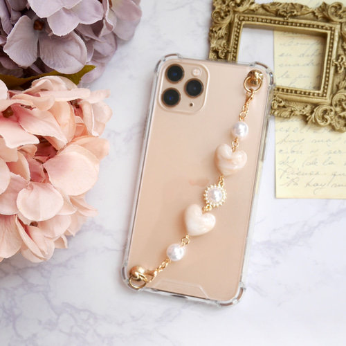 ハート スマホチャーム キーリングハンガー 蝶々ハンドメイド iPhoneケース ✿iPhone15シリーズ対応✿ キーリングハンガー【蝶々とハート