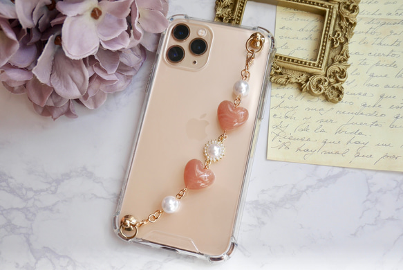 マーブルハート×パールのキーリングハンガー　スマホケース　iPhoneケース　ストラップ　全機種　スマホチェーン 1枚目の画像