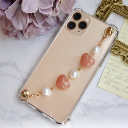 マーブルハート×パールのキーリングハンガー　スマホケース　iPhoneケース　ストラップ　全機種　スマホチェーン 2枚目の画像
