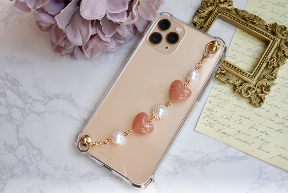 マーブルハート×パールのキーリングハンガー　スマホケース　iPhoneケース　ストラップ　全機種　スマホチェーン 2枚目の画像