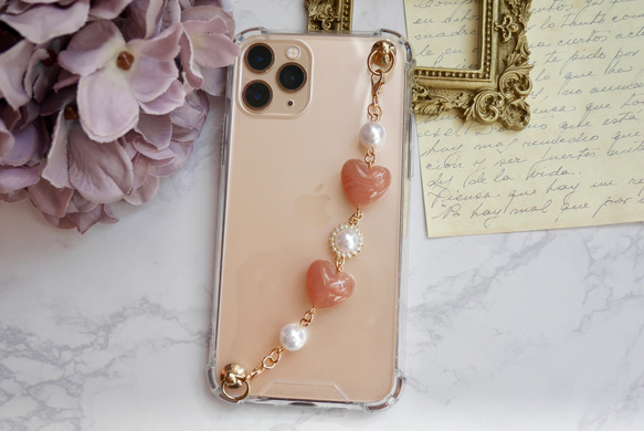 マーブルハート×パールのキーリングハンガー　スマホケース　iPhoneケース　ストラップ　全機種　スマホチェーン 3枚目の画像