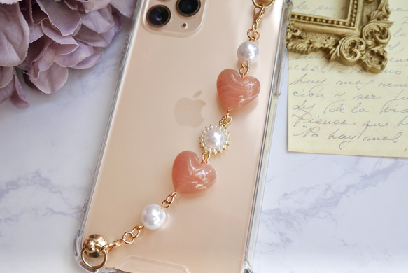 マーブルハート×パールのキーリングハンガー　スマホケース　iPhoneケース　ストラップ　全機種　スマホチェーン 5枚目の画像