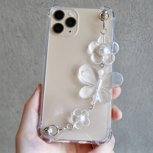 クリアフラワー×バタフライのキーリングハンガー スマホケース iPhone