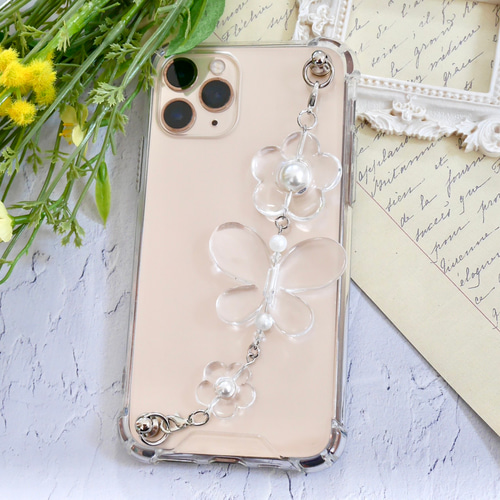 クリアフラワー×バタフライのキーリングハンガー スマホケース iPhone