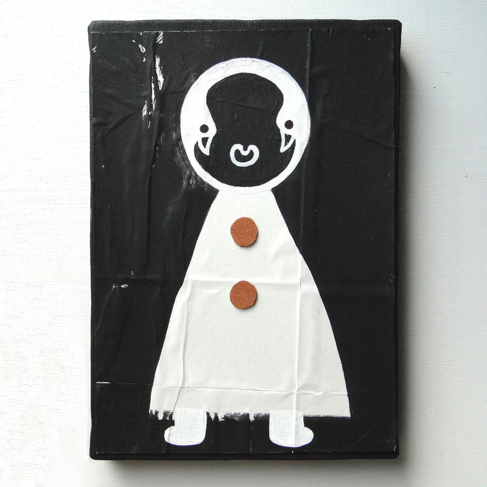 ヴィンテージ風くしゃくしゃアート 原画 絵画 キャンバス画 革ボタン 黒 No19 55,000円