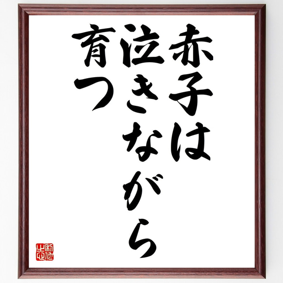 名言「赤子は泣きながら育つ」額付き書道色紙／受注後直筆（Z7237） 1枚目の画像