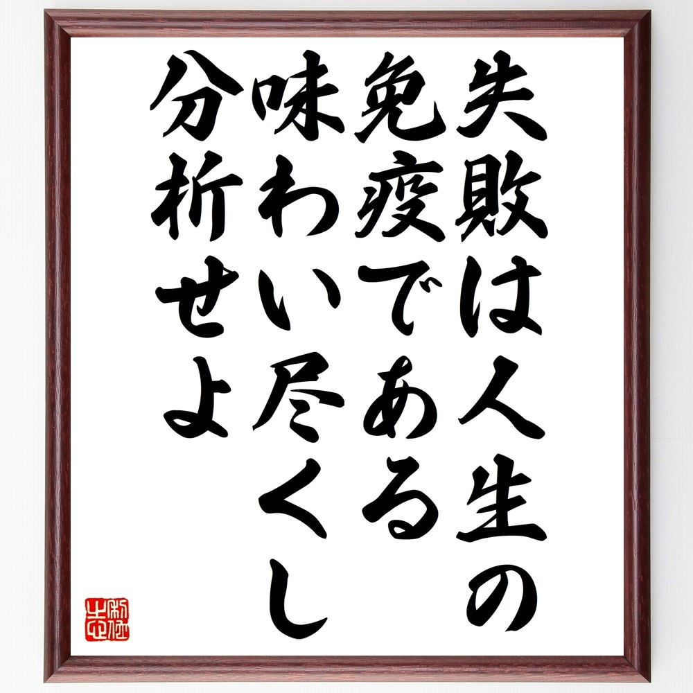 名言「失敗は人生の免疫である、味わい尽くし分析せよ」手書き書道色紙額／受注後の毛筆直筆（Z9909）
