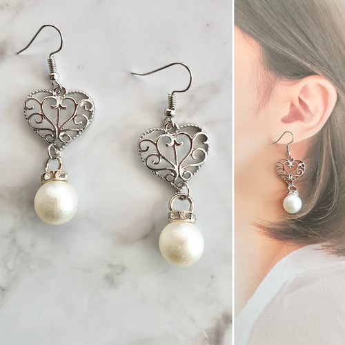 コットンパール 透かし ハート チャーム ピアス ハンドメイド  