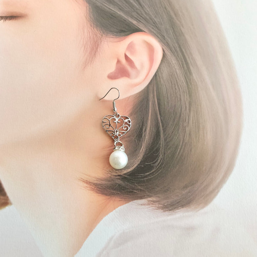 コットンパール 透かし ハート チャーム ピアス ハンドメイド  