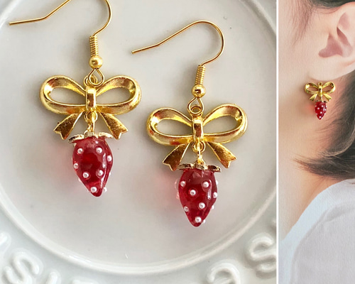 #972 再販 レッド 花びら ゴールド ピアス イヤリング ハンドメイド 972 再販 レッド 花びら ゴールド ピアス イヤリング ハンドメイド