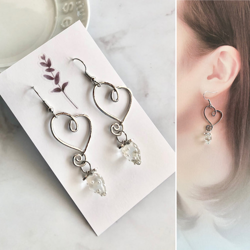 冬いちご クリア ハート チャーム ピアス ハンドメイド イヤリング 