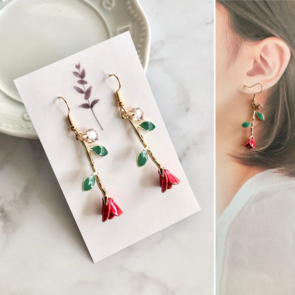 レッド ローズ バラ ゴールド 金 ピアス ハンドメイド イヤリング 
