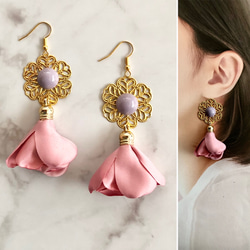 972 再販 レッド 花びら ゴールド ピアス イヤリング ハンドメイド