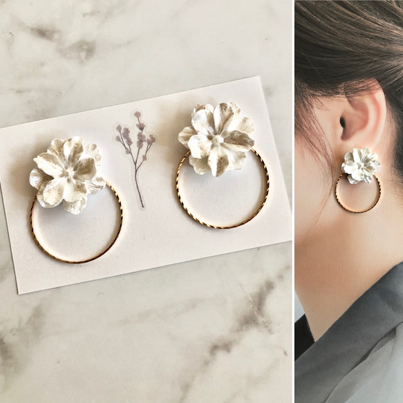 フラワー ホワイト カボション リング ピアス ハンドメイド ピアス 