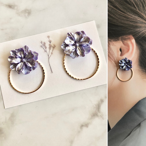 フラワー パープル 紫色 カボション リング ピアス ハンドメイド