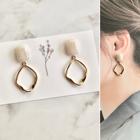 ライトグレー マーブル カボション リング ピアス ハンドメイド ピアス 