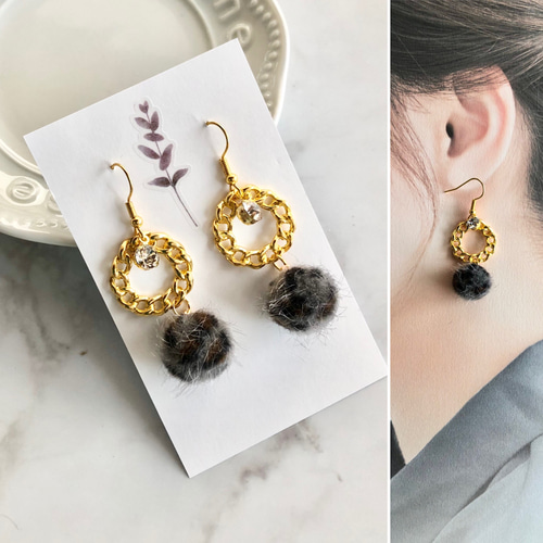 ヒョウ柄 ファー ピアス グレー リング 大ぶり ハンドメイド ピアス  