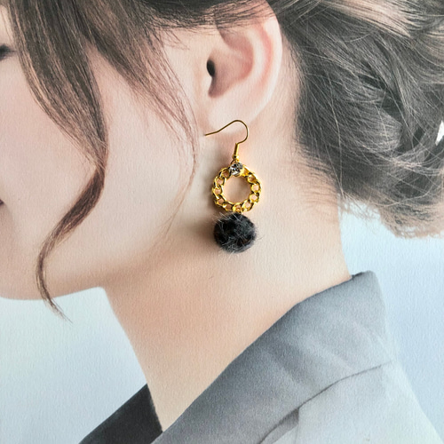 ヒョウ柄 ファー ピアス グレー リング 大ぶり ハンドメイド ピアス 