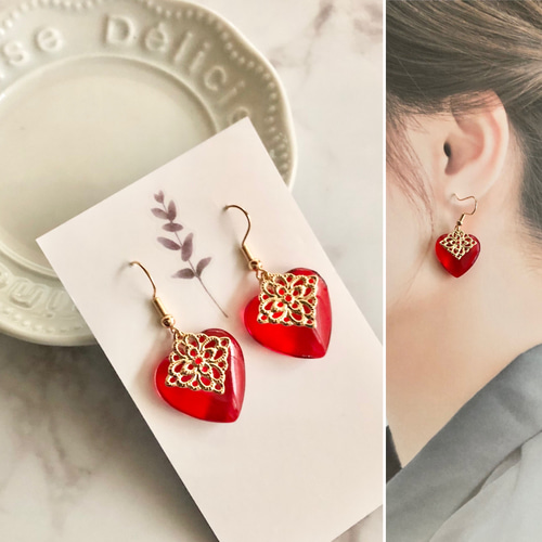 ハート レッド 赤色 大ぶり イヤリング ピアス ハンドメイド チェコ 