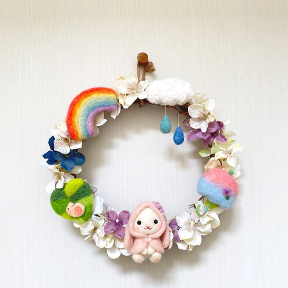 再販】羊毛フェルト☆梅雨のあじさいリース② 羊毛フェルト