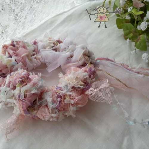 ふう* ひらひら！ピンクの夏シュシュ＊裂き布シフォン・チュール