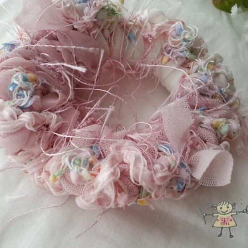 ふう* フリンジ！ピンクの夏シュシュ＊裂き布シフォン・チュール＊艶  